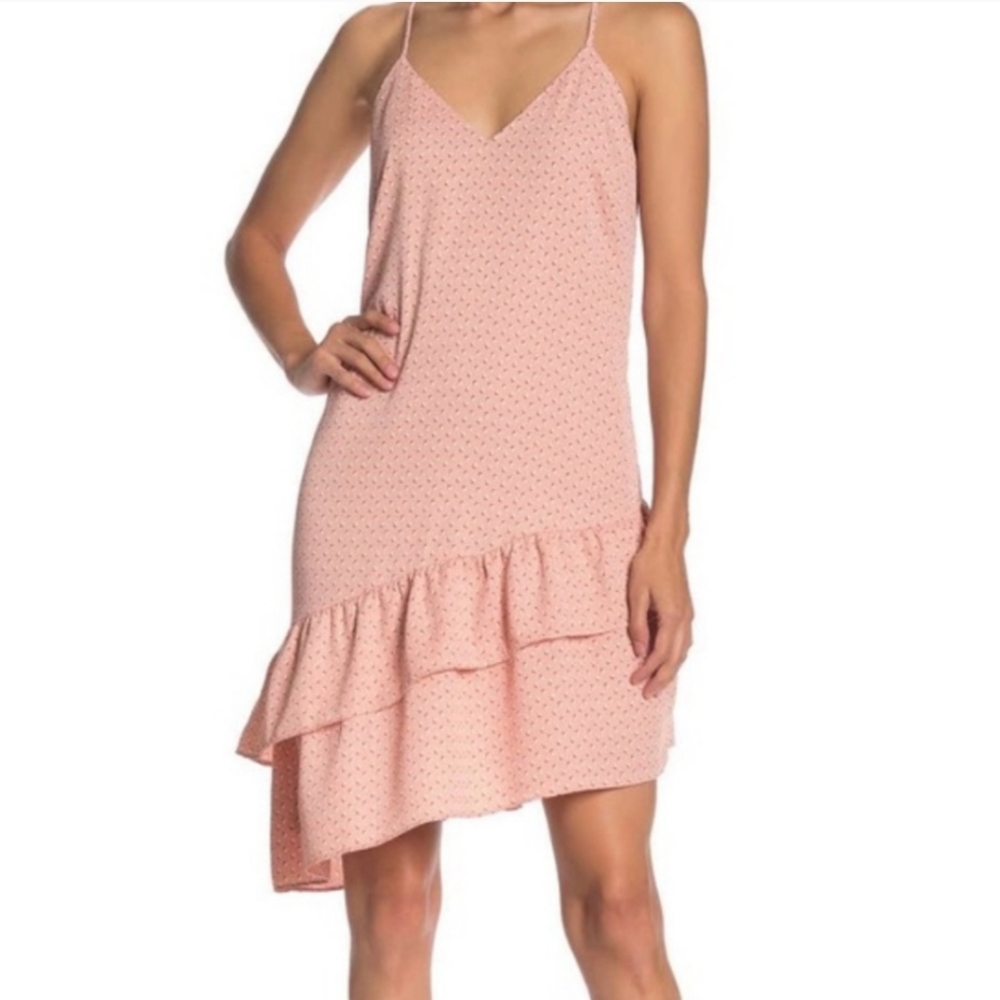 Collective Concepts Pink Heart Print Asymmetric Ruffle Hem Mini Dress